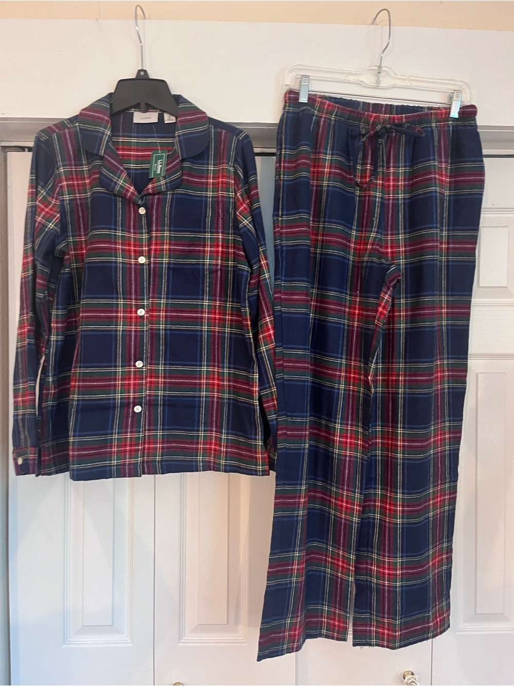 L.L. Bean Navy Plaid Cotton-Blend Pajama Set with Red and blue Accents